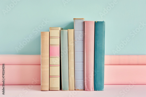 stack tower of books with blank spine mockup in bright pastel colours pink blue in magazine editorial photography for education, study productivity library reading reader  photo