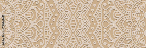 Banner, tribal art cover design. Relief geometric 3D pattern on a beige background. Vintage art, ethnicity of the East, Asia, India, Mexico, Aztec, Peru. Ideas for creativity. photo