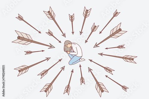 Arrows attack praying woman, kneels and asks god for protection from adverse circumstances