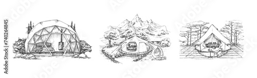 Camping Tents Recreation Illustrations Set. Hand Drawn Comfortable Outdoor Landscape Scenery Bundle. Modern Nature Rest Sketch Drawings Collection Isolated