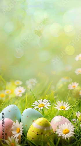 Colorful easter eggs on grass with daisies background stock photo, in the style of blurred, dreamlike atmosphere, light green.
