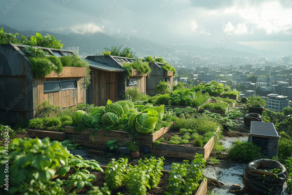 Eco-soldiers inspiring community gardens on rooftops, maximizing urban space for sustainable agriculture. Concept of rooftop gardening. Generative Ai. Eco-soldiers inspiring community gardens on rooftops, maximizing urban space for sustainable agriculture. Concept of rooftop gardening. Generative Ai.