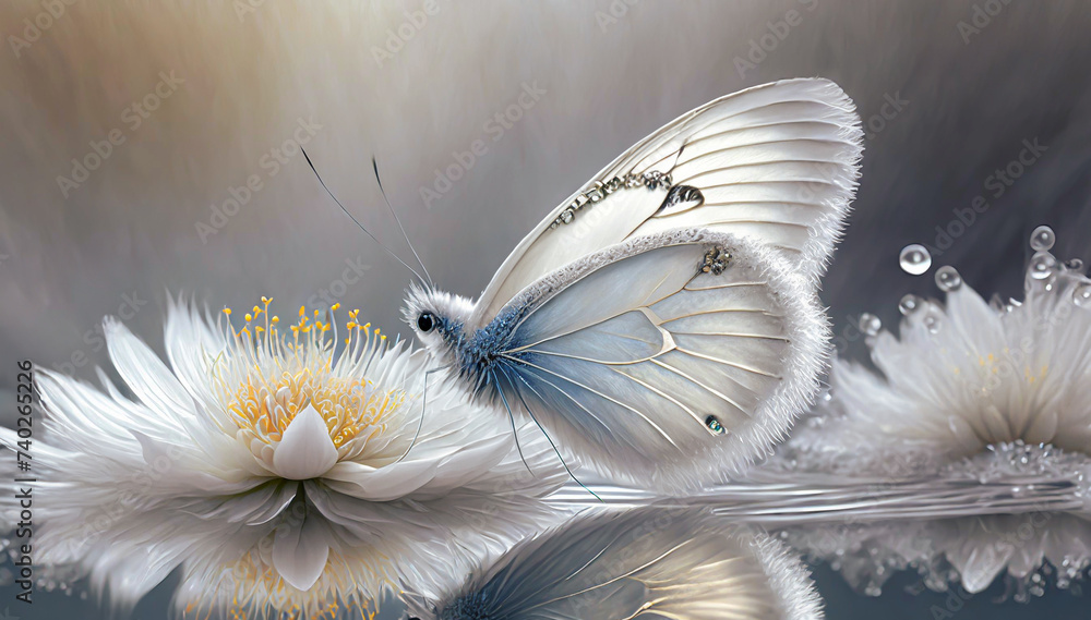 Biały motyl i kwiat. Tło natury. Kwiaty fraktale - obrazy, fototapety, plakaty 