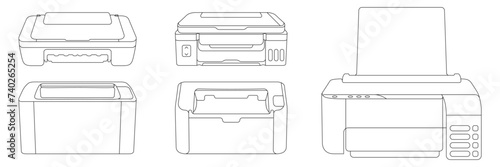 Printer vector set. Office electronic equipment multi-function printer. Laser printer for printing text. A set of icons of equipment for working with documents on paper.