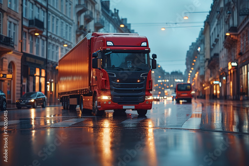 A freight truck navigating through urban streets, transporting goods efficiently. Concept of urban logistics. Generative Ai. photo