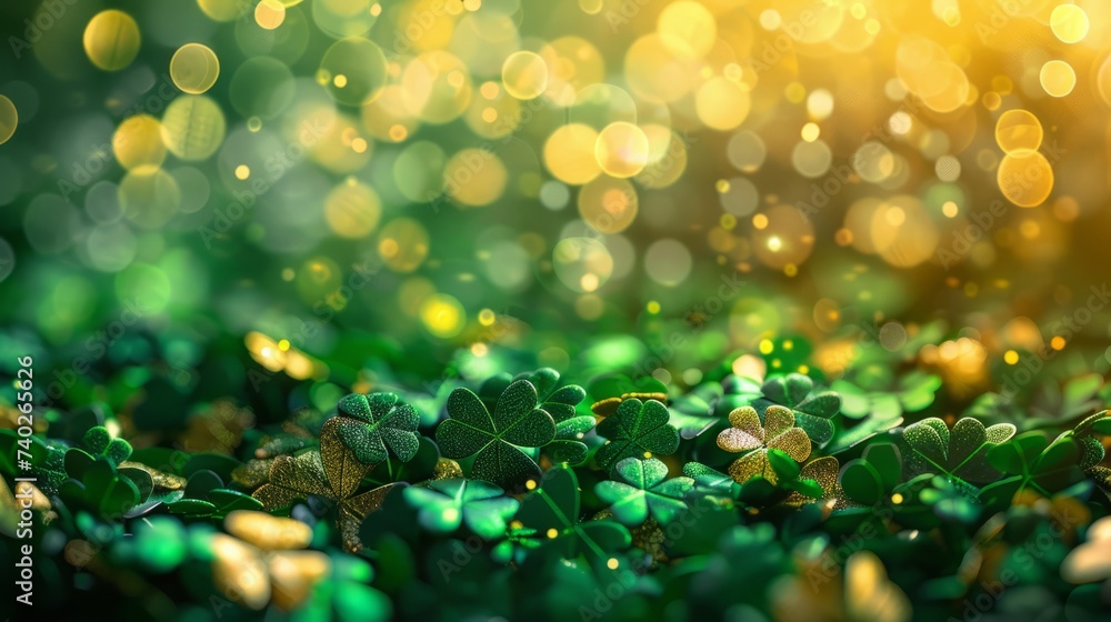 A vibrant bokeh background with sparkling gold and green lights creating a festive atmosphere. St. Patrick's Day concept. A vibrant bokeh background with sparkling gold and green lights creating a festive atmosphere. St. Patrick's Day concept.