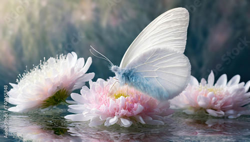 Biały makro motyl ,abstrakcje natury, różowe kwiaty photo