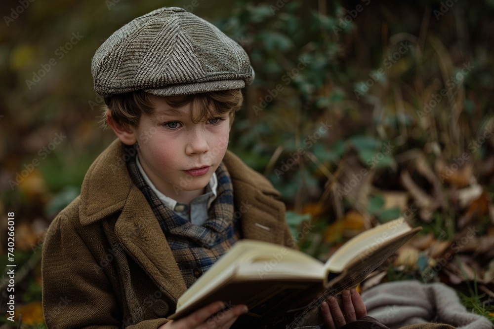 Outdoor Reader in Tweed Flat Cap, Engrossed in Old Book Amidst Autumn Leaves