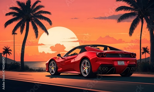 A vibrant red sports car with shining automotive lighting is cruising down a road lined with palm trees under a colorful sunset sky © video rost