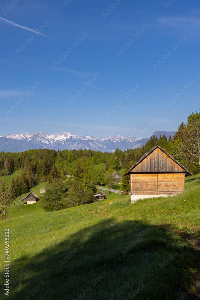 Typical wooden log cabins in Gorjuse, Triglavski national park, Slovenia Typical wooden log cabins in Gorjuse, Triglavski national park, Slovenia
