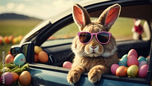  Cute Easter Bunny with sunglasses looking out of a car filed with easter eggs © SHERAZI