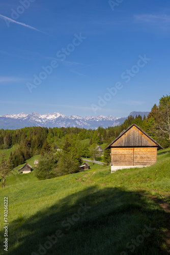Typical wooden log cabins in Gorjuse  Triglavski national park  Slovenia