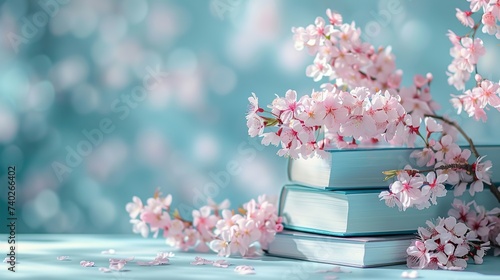 Stacked Books Surrounded by Cherry Blossoms on Turquoise Surface