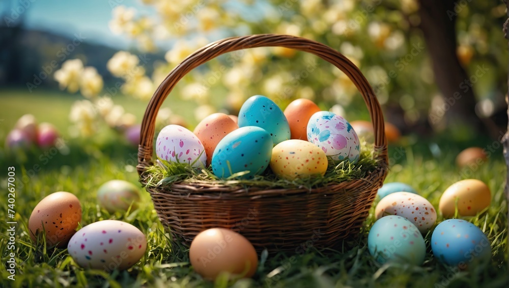 Easter - Painted Eggs In Basket On Grass In Sunny Orchard