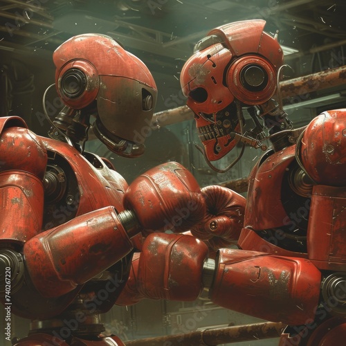 Robots fight in a boxing ring, retro photography stylization photo