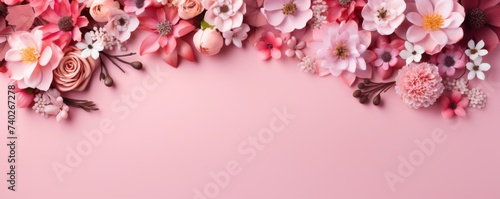 Flowers composition. Wreath made of pink rose flowers on  background.