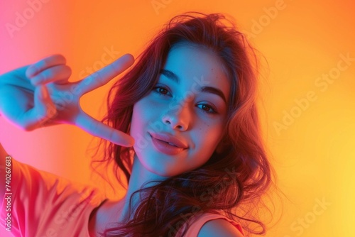 Half-length portrait of young beautiful girl taking selfie and showing peace gesture to camera against gradient orange background in neon light. Concept of communication, media, information, fashion