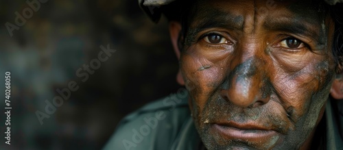 A Latin American miner with dark skin advocates for the rights of fellow mine workers involved in mineral extraction, captured in a close-up shot revealing mud on his face.