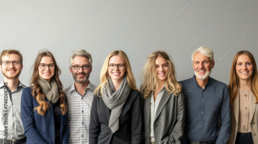group of smiling professionals, both men and women, standing in a line and dressed in business casual attire group of smiling professionals, both men and women, standing in a line and dressed in business casual attire