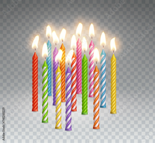 Candles with burning fire flame for birthday cake, cupcake isolated on transparent background. Vector 3d realistic color candlelight elements