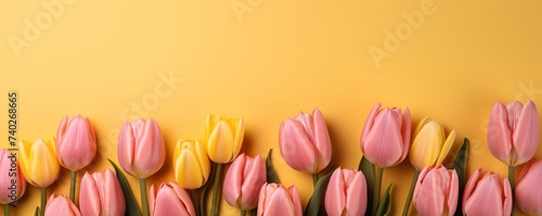  Tulips on a  pastel background. Top view. Mothers Day  and Valentine's Day background