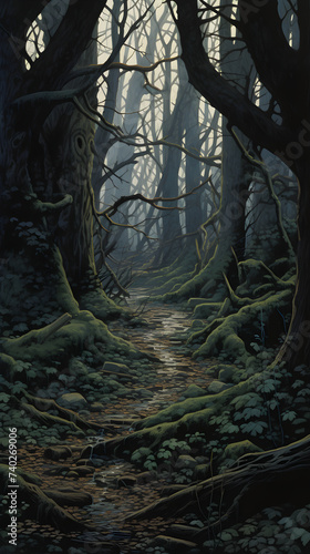 The mysterious charm of a gloomy forest shrouded in oppressive darkness and haunting silence