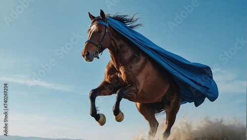 superhero horse with a blue cloak and mask jumping and flying on light blue background with copy space © SHERAZI