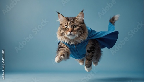 superhero Norwegian Forest cat, Cute tabby kitty with a blue cloak and mask jumping and flying on light blue background with copy space photo