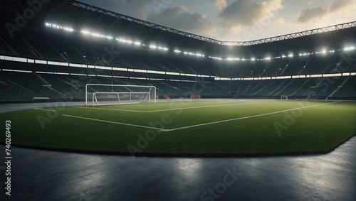  universal grass stadium illuminated by spotlights and empty green grass playground, grand sport building © SHERAZI