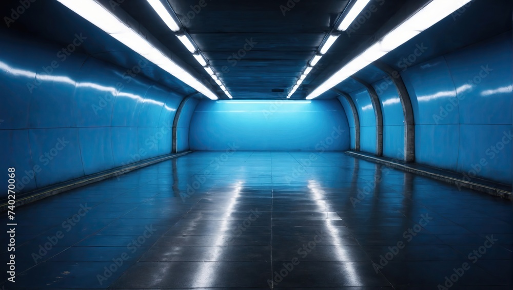  Empty underground background with blue lighting with space for text or product 