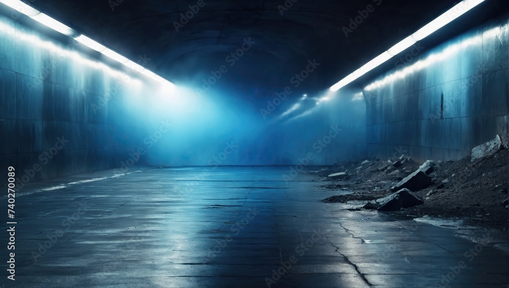  Empty underground background with blue lighting with space for text or product 