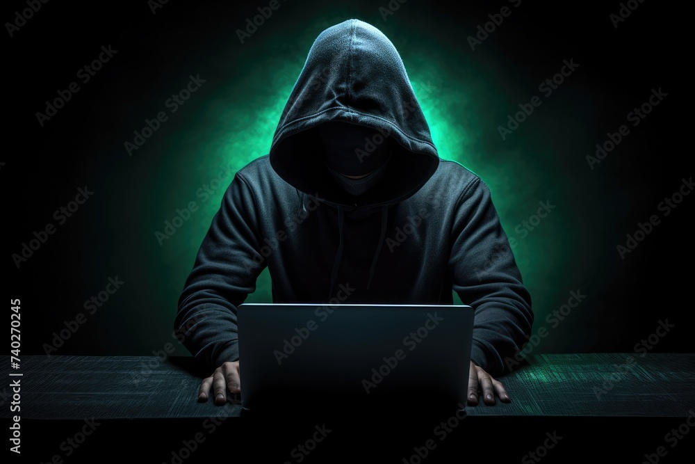 Hacker with laptop in hoodie dark theme. Generative ai Hacker with laptop in hoodie dark theme. Generative ai