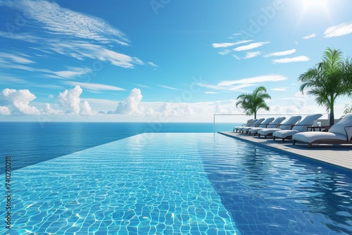 Luxury swimming pool and blue water with lounging chairs.