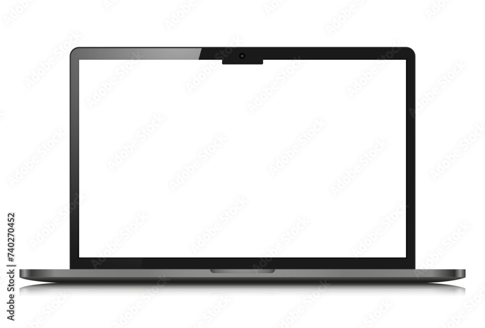 A modern laptop with a blank screen isolated on a white background. Realistic laptop layout with reflection in a dark silver case. Vector illustration. A modern laptop with a blank screen isolated on a white background. Realistic laptop layout with reflection in a dark silver case. Vector illustration.