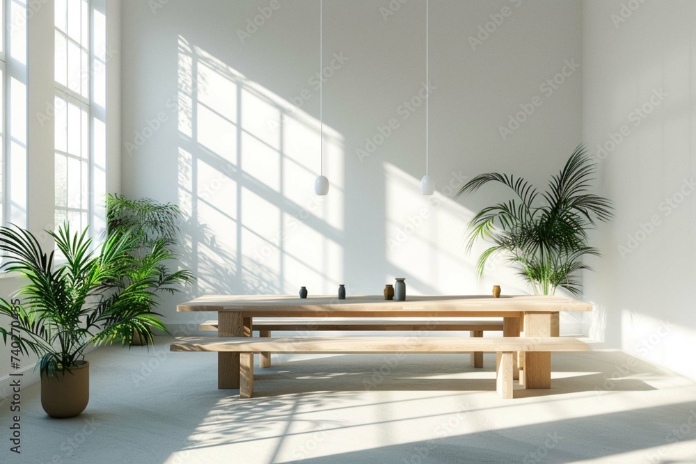 Modern room minimalist interior with white all with sunlight and shadow, wooden table with benches, dinning room, 3d rendering