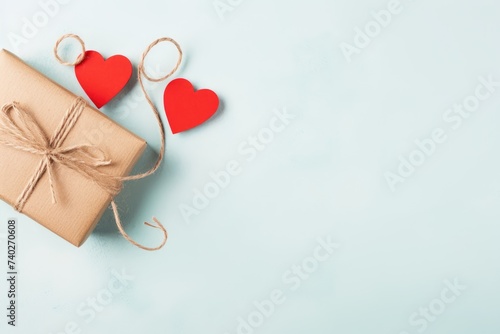 A simple kraft gift box tied with twine and red heart tags on a clean, blue background, symbolizing love and care. Love and Simplicity: Craft Gift and Heart Tags