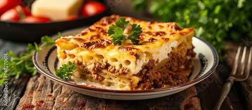 This photo showcases a mouthwatering slice of lasagna served on a plate  garnished with parsley.