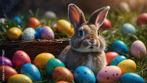  Happy Easter Bunny with many colorful easter eggs