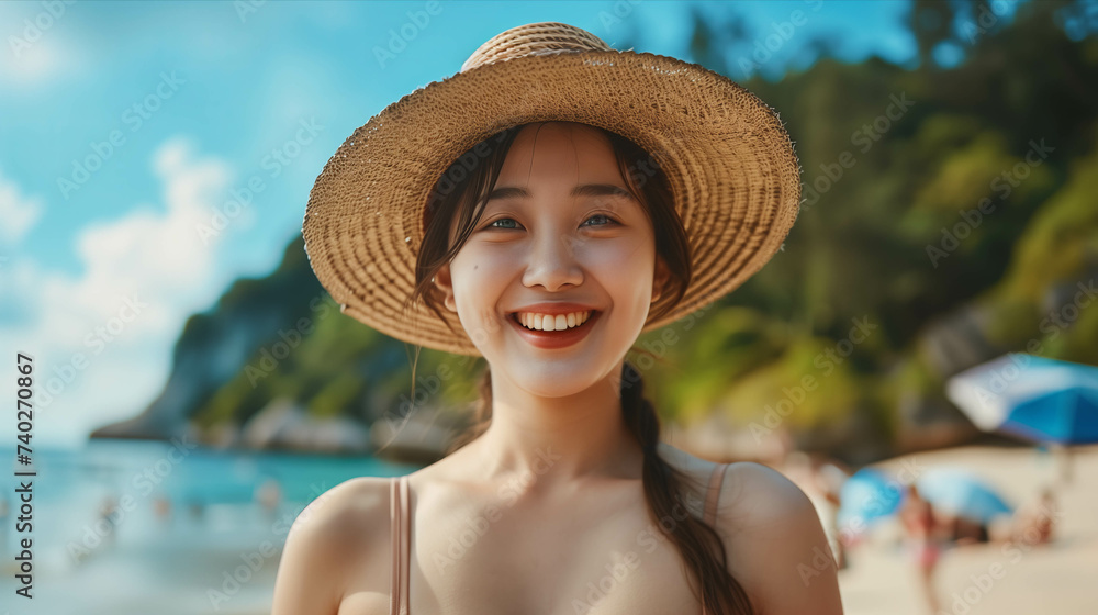Asian woman in bikini smiling happily on the beach.