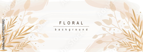 Floral horizontal web banner. Abstract pastel leaves and plant foliage, twigs and herbs on elegant decorative background. Vector illustration for header website, cover templates in modern design photo