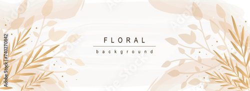 Floral horizontal web banner. Abstract pastel leaves and plant foliage, twigs and herbs on elegant decorative background. Vector illustration for header website, cover templates in modern design