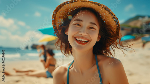 Asian woman in bikini smiling happily on the beach.