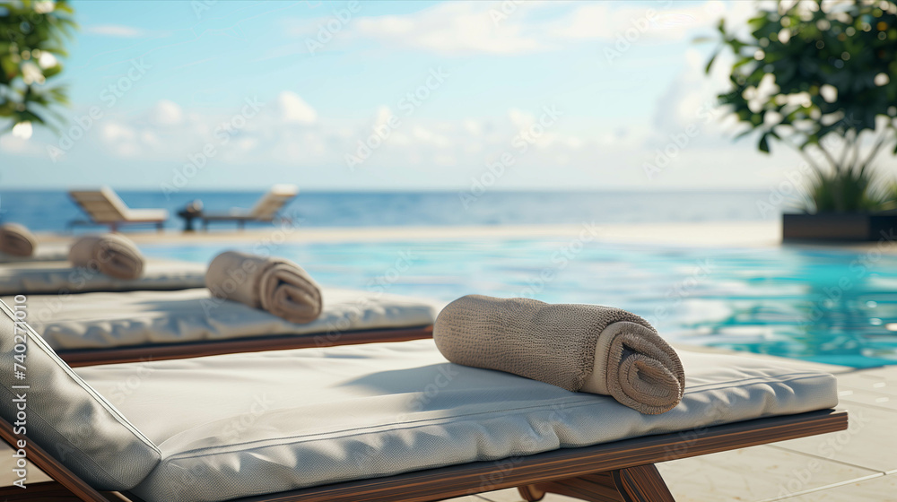 Obraz premium Sunbeds with towels by the pool with sea views.