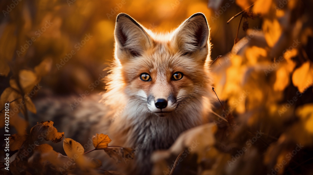 Obraz premium fox in the forest in bright autumn