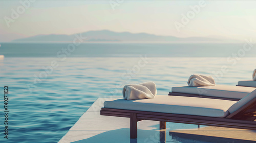 Sunbeds with towels by the pool with sea views. © S photographer