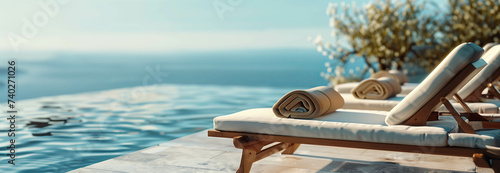 Sunbeds with towels by the pool with sea views. photo