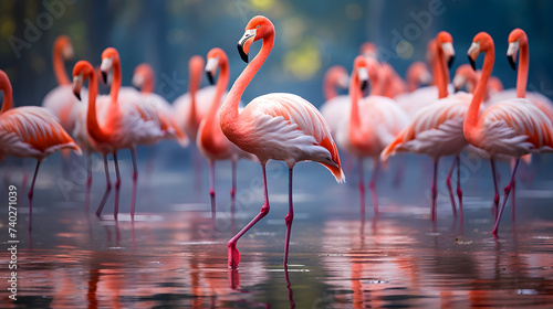 Tableau sur toile A group of flamingos are standing in a line in the water,
The colony of the cari
