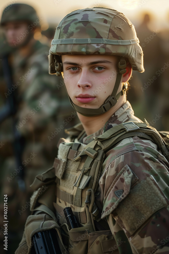 A Caucasian man in a camouflage military uniform is on a battlefield full of troops. A Caucasian man in a camouflage military uniform is on a battlefield full of troops.