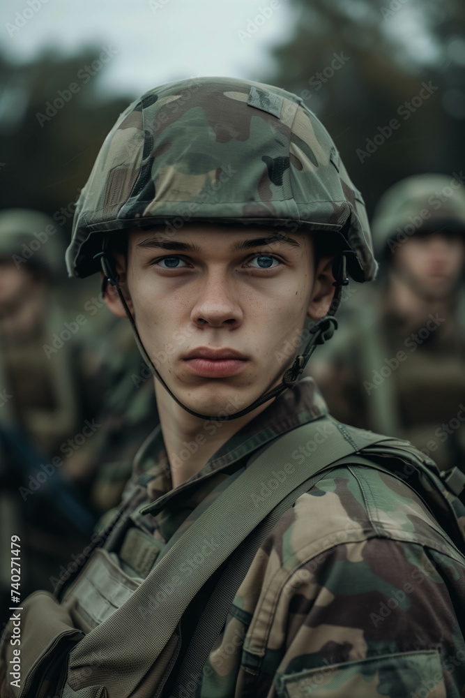 A Caucasian man in a camouflage military uniform is on a battlefield full of troops. A Caucasian man in a camouflage military uniform is on a battlefield full of troops.