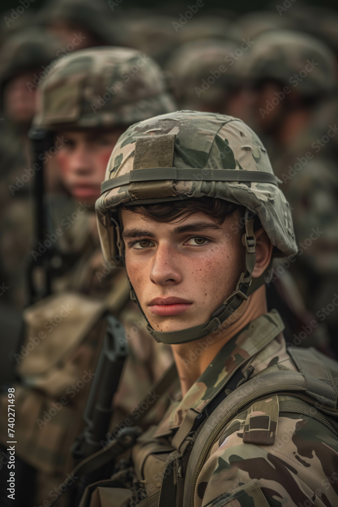 A Caucasian man in a camouflage military uniform is on a battlefield full of troops. A Caucasian man in a camouflage military uniform is on a battlefield full of troops.